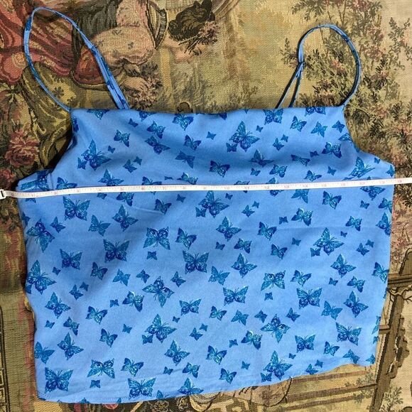 Y2K Crop Drape Front Blue Butterly Spaghetti Strap Cami - Picture 6 of 8